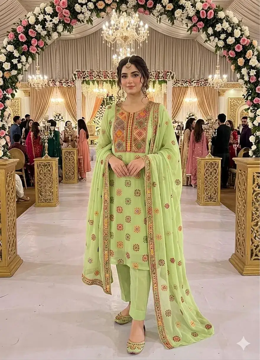 Green Chiffon Hand Embroidered 2 Pcs Set