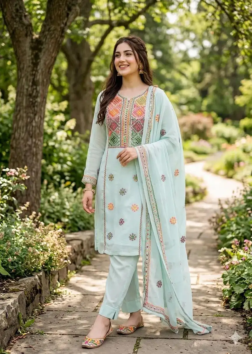 Green Chiffon Hand Embroidered 2 Pcs Set VW936