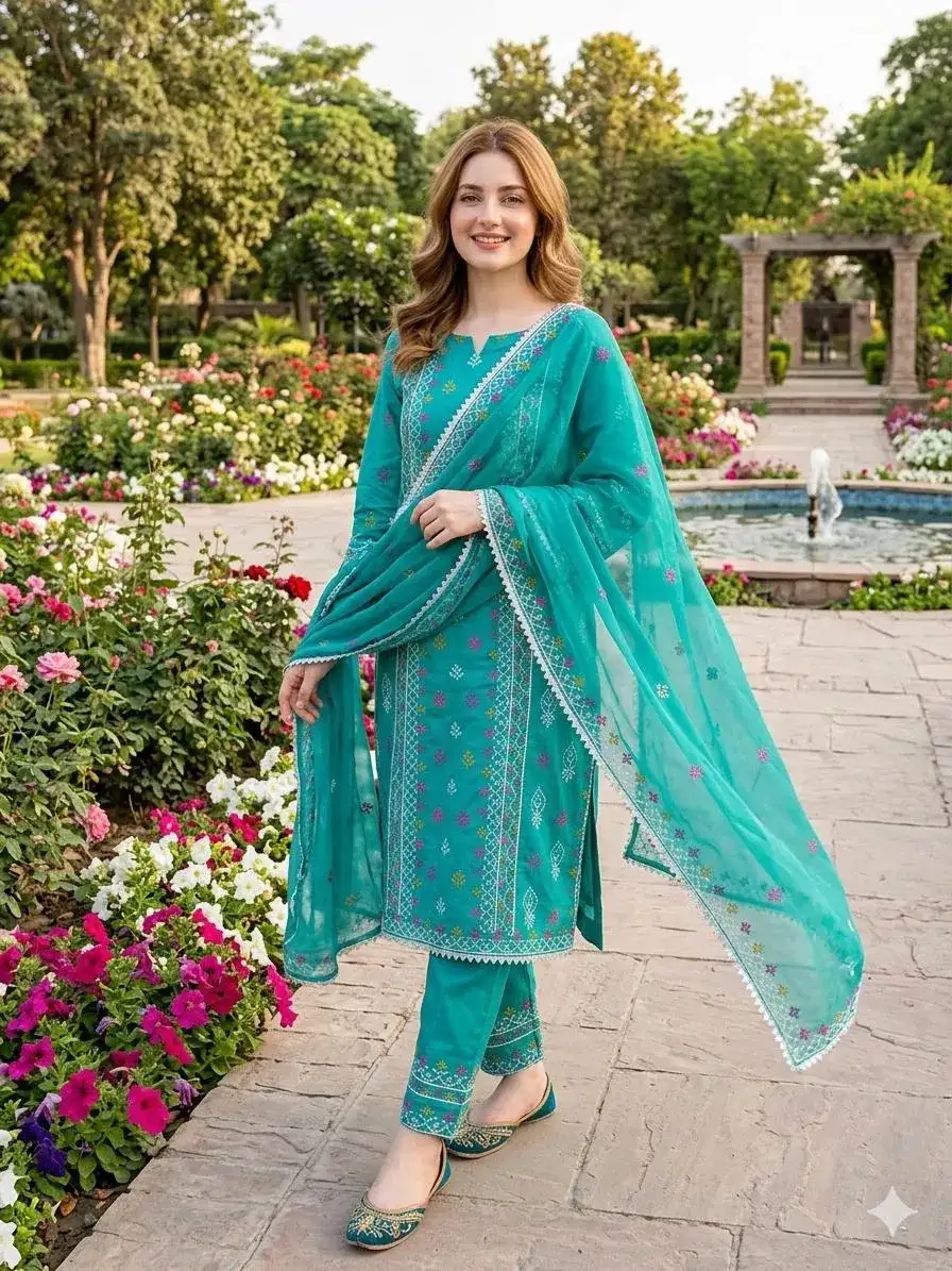 Green Chikankari Lawn 3 Pcs Embroidered Set