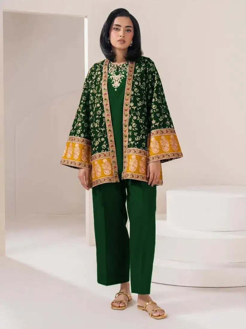 Green Embroidered 3 Pcs Stitched Women Gown Suit Cotton