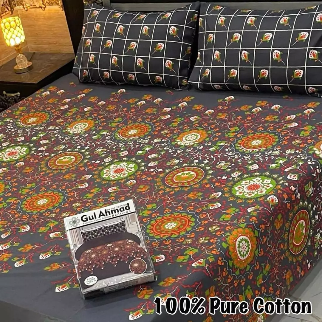  - Gul Ahmed 3 Pcs Cotton Printed King Size Bedsheet IL116