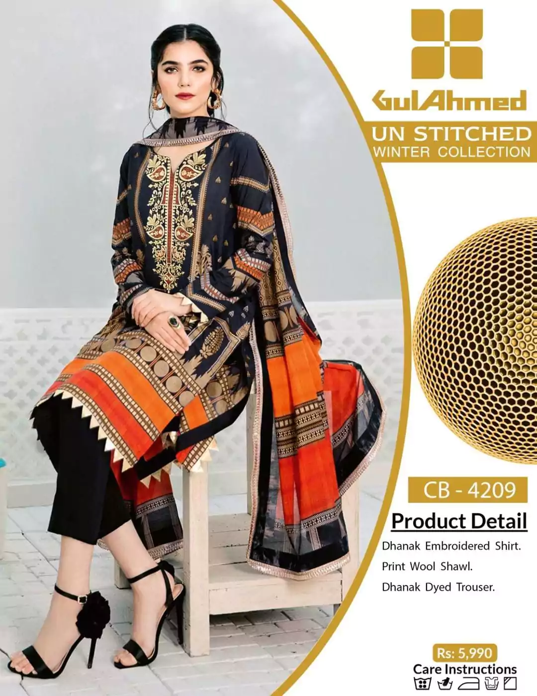  - Gul Ahmed 3 Pcs Women's Unstitched Dhanak Embroidered Suit JP20