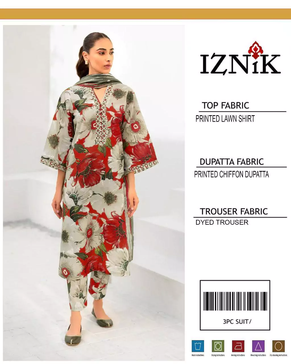 women unstitched suits - Iznik 3 Pcs Women's Unstitched Printed Lawn Suit VV348