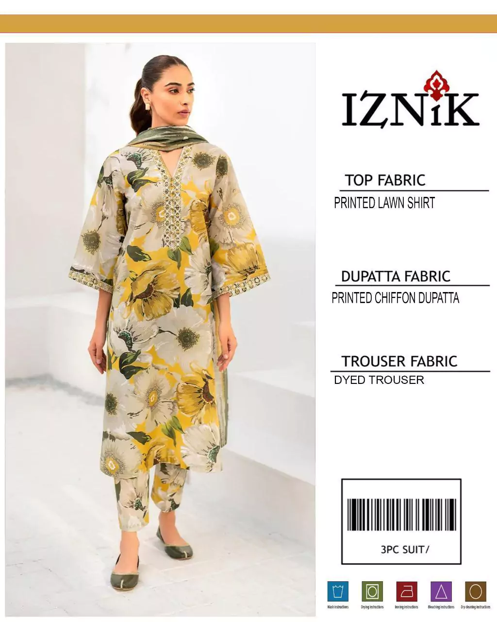 women unstitched suits - Iznik 3 Pcs Women's Unstitched Printed Lawn Suit VV349