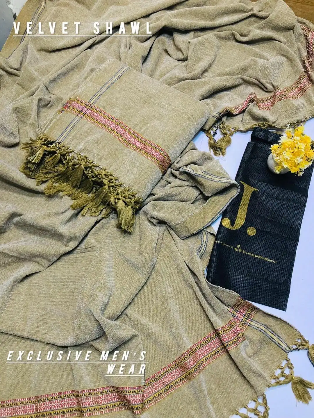 J. Luxurious Beige Velvet Shawl 1 Piece Plain Design