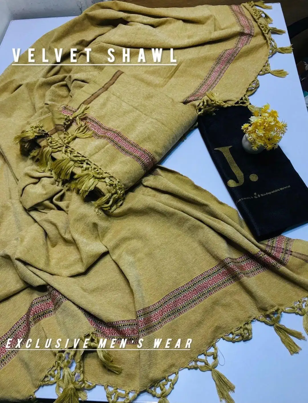 J. Luxurious Beige Velvet Shawl Plain Design