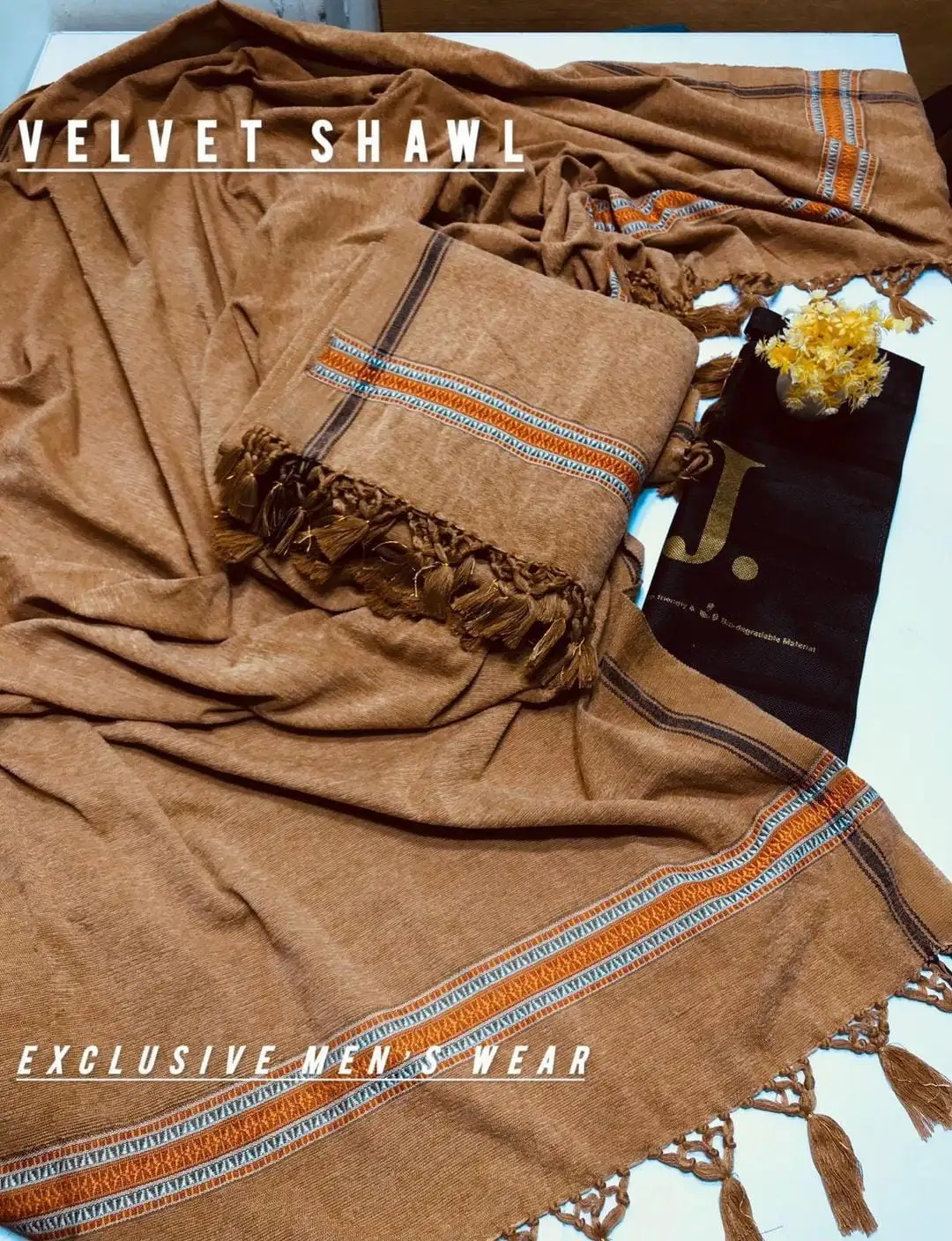 J. Luxurious Brown Velvet Shawl Plain Design