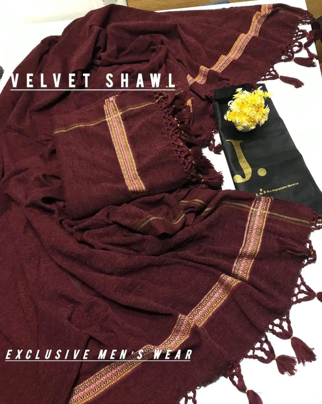 J. Luxurious Maroon Velvet Shawl Plain Design