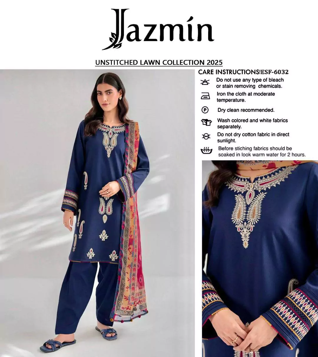  - Jazmin 3 Pcs Women's Unstitched Lawn Embroidered Suit