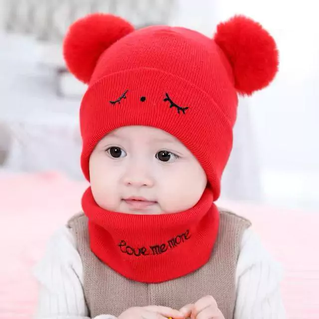 Kids Red Wool Beanie And Neck Wa