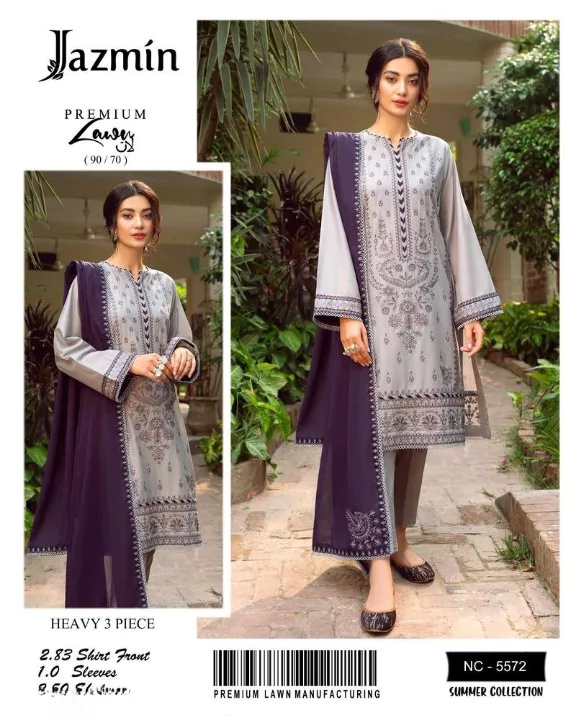 Lawn Unstitched Embroidered Suit For Women 3 Pcs