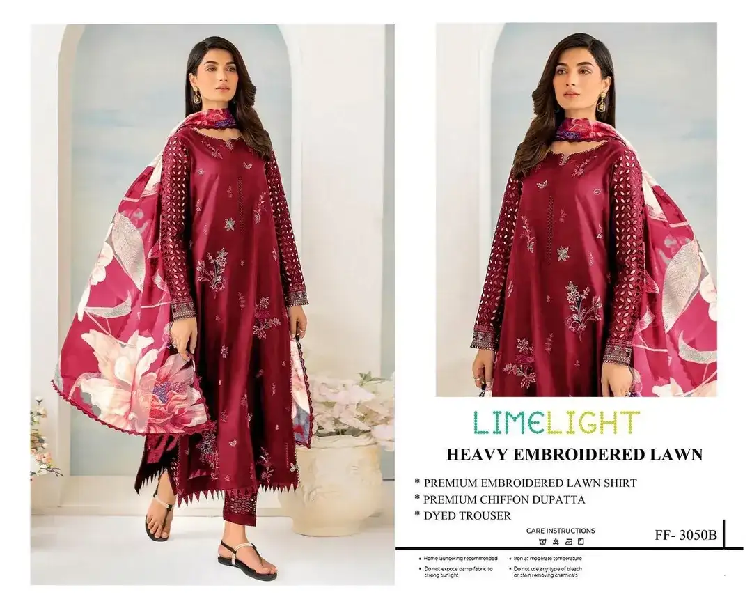 Limelight Maroon Embroidered Lawn 3 Pcs Set for Women