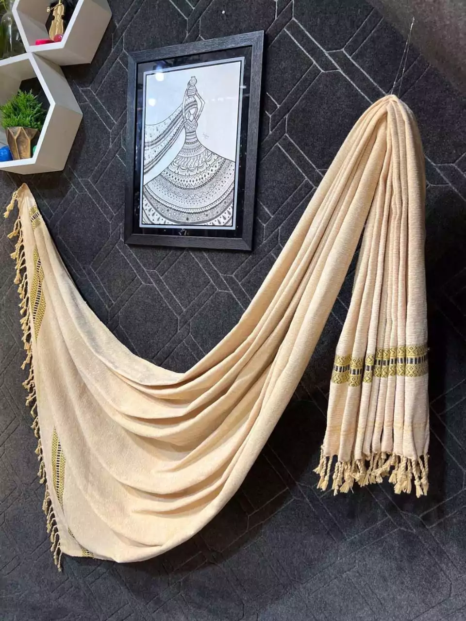  - Luxurious Velvet Embroidered Shawl Biege