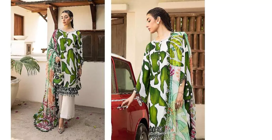 women unstitched suits - Maria B 3 Pcs Women's Unstitched Dobby Lawn Printed Suit VV368