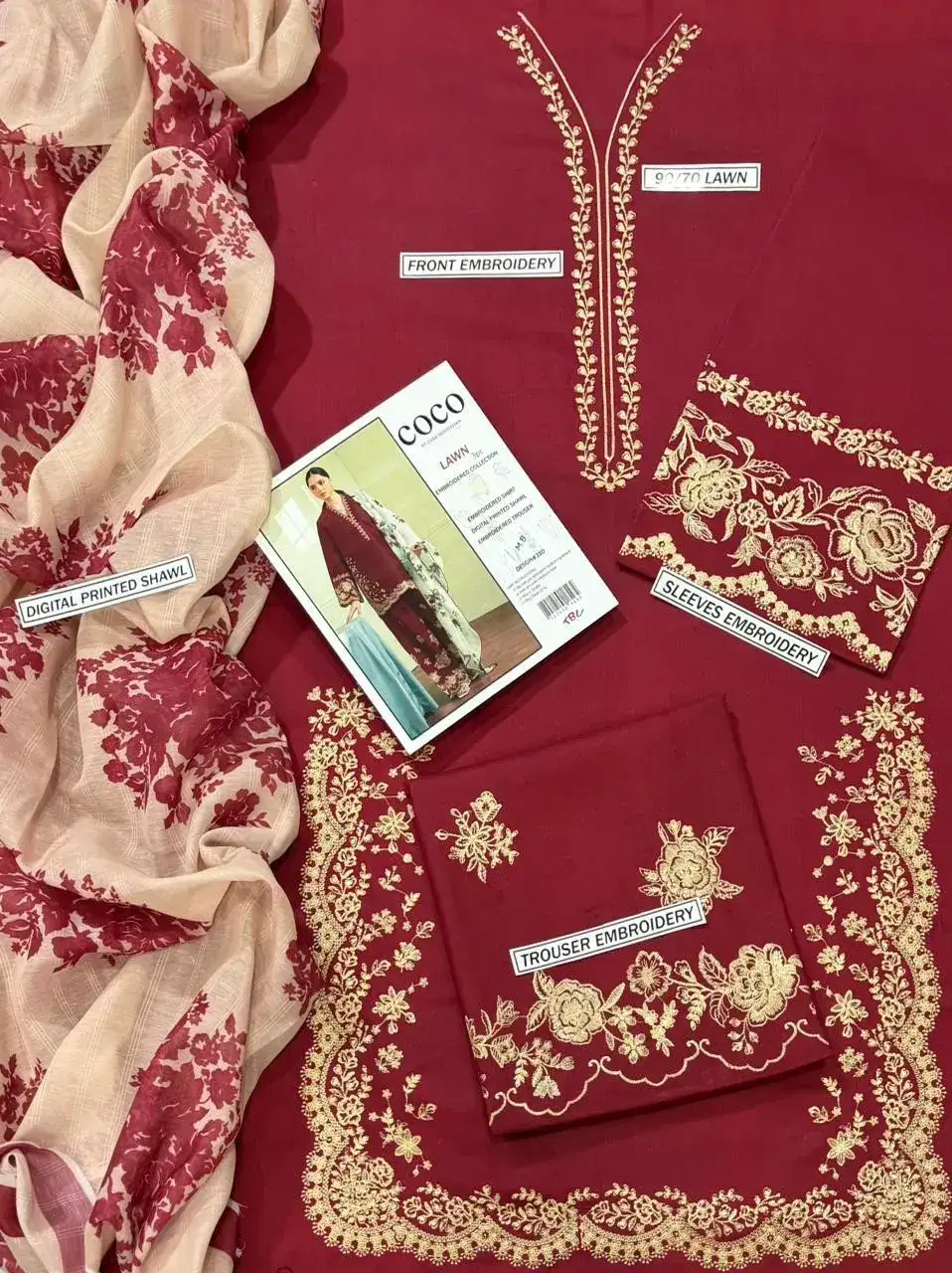 Maroon 3 Pcs Embroidered Lawn Suit with Digital Print Dupatta