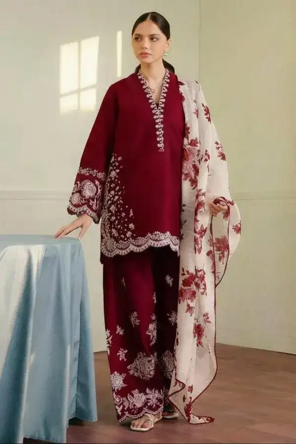 Maroon 3 Pcs Embroidered Lawn Suit with Digital Print Dupatta