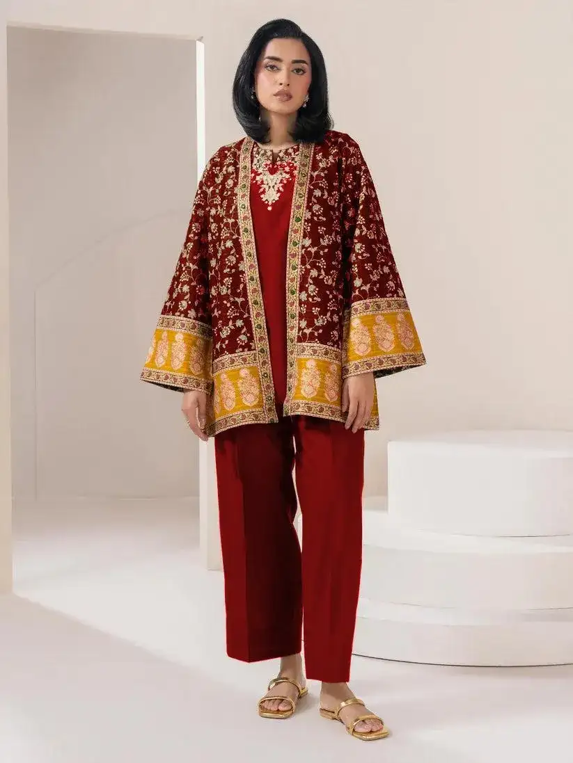 Maroon Embroidered 3 Pcs Stitched Cotton Gown Suit for Women