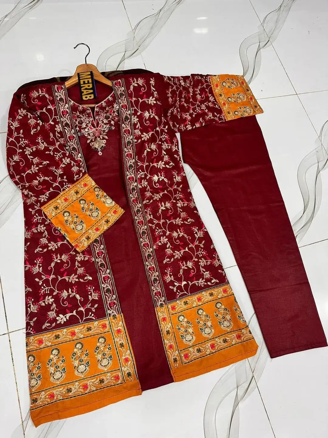 Maroon Embroidered 3 Pcs Stitched Cotton Gown Suit for Women