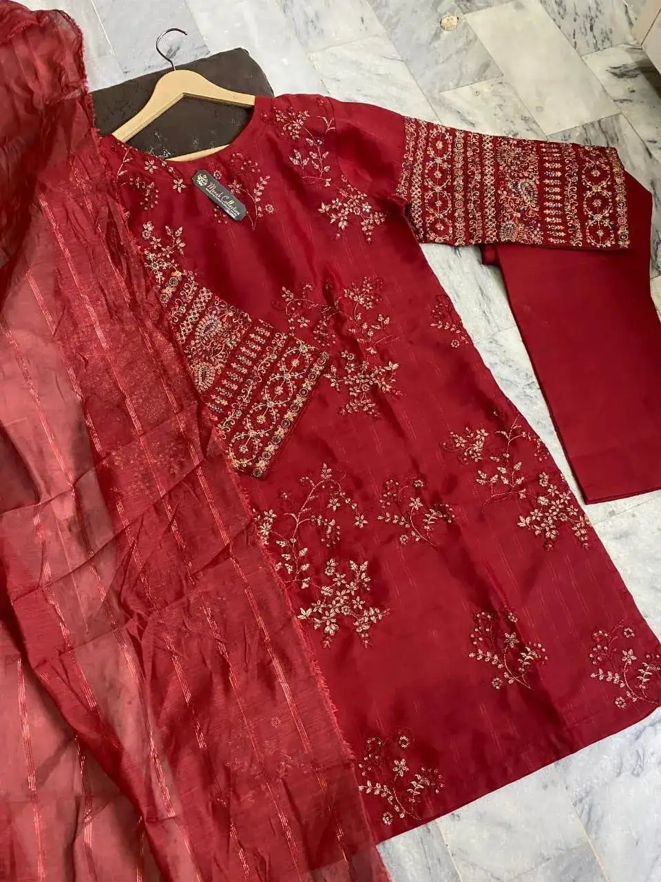 Maroon Embroidered 3 Pcs Stitched Cotton Suit with Glitter Dupatta