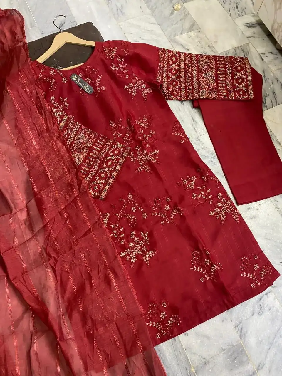 Maroon Embroidered 3 Pcs Stitched Cotton Suit with Glitter Dupatta