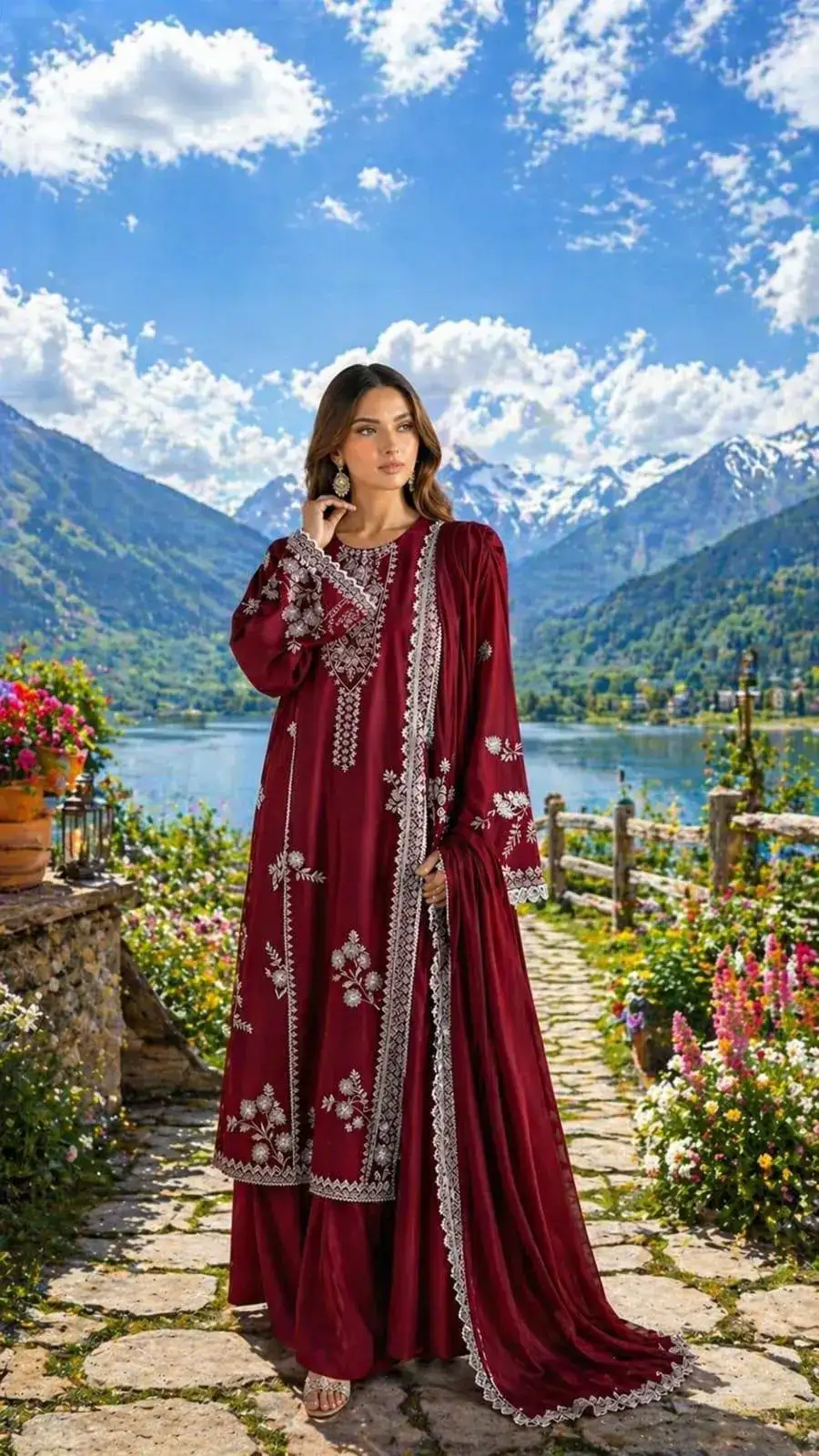 Maroon Embroidered Lawn 2 Pcs Set for Women