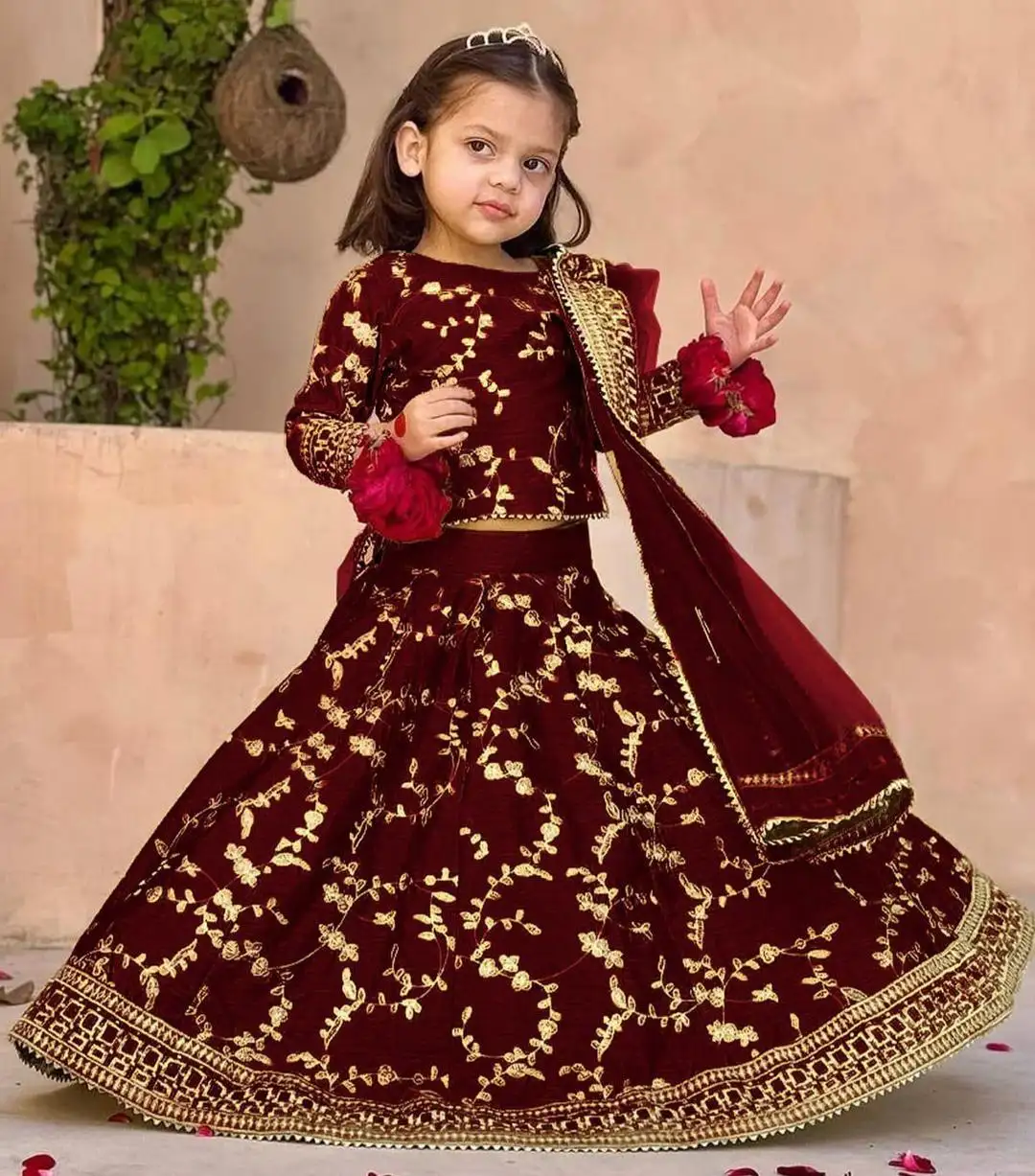 Maroon Raw Silk Embroidered 3 Pcs Girls Lehenga Set for Eid