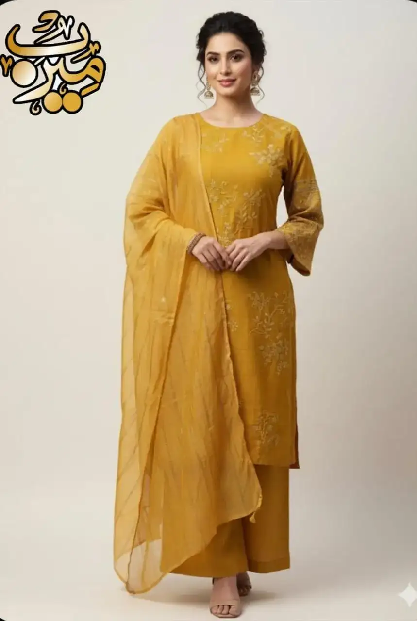 Mustard Embroidered 3 Pcs Stitched Cotton Suit for Women