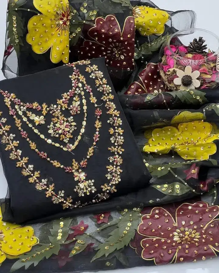 Organza Hand Embroidered Party Dress with Nagina Dupatta