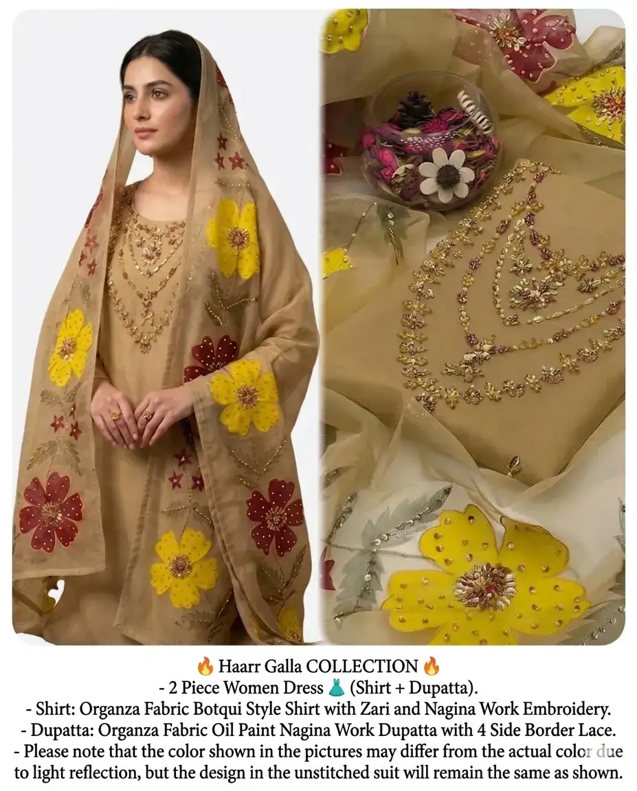 Organza Hand Embroidered Women's Party Dress with Zari & Nagina Dupatta