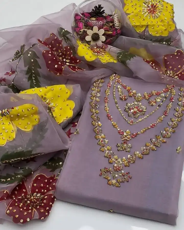 Organza Zari Embroidered Party Dress with Dupatta