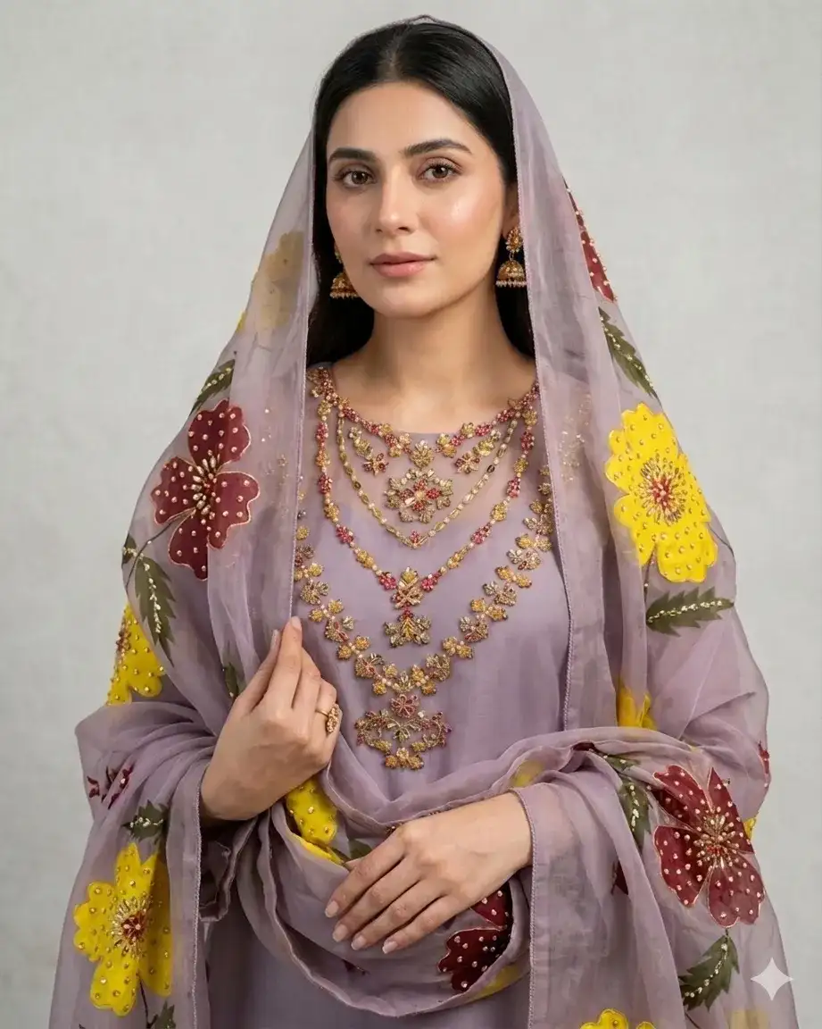 Organza Zari Embroidered Party Dress with Dupatta