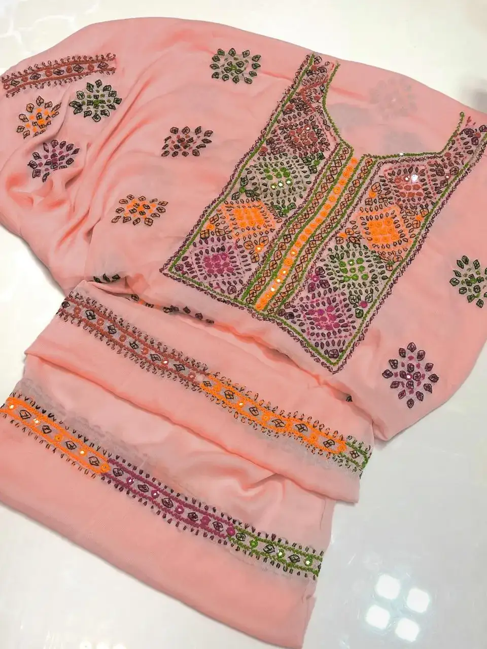 Peach Chiffon Hand Embroidered 2 Pcs Set VW941