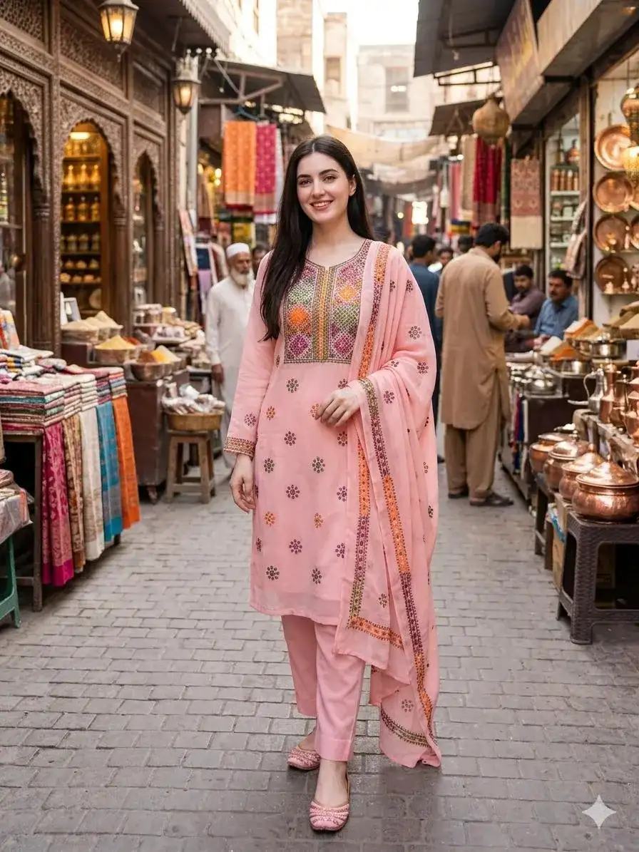Peach Chiffon Hand Embroidered 2 Pcs Set VW941