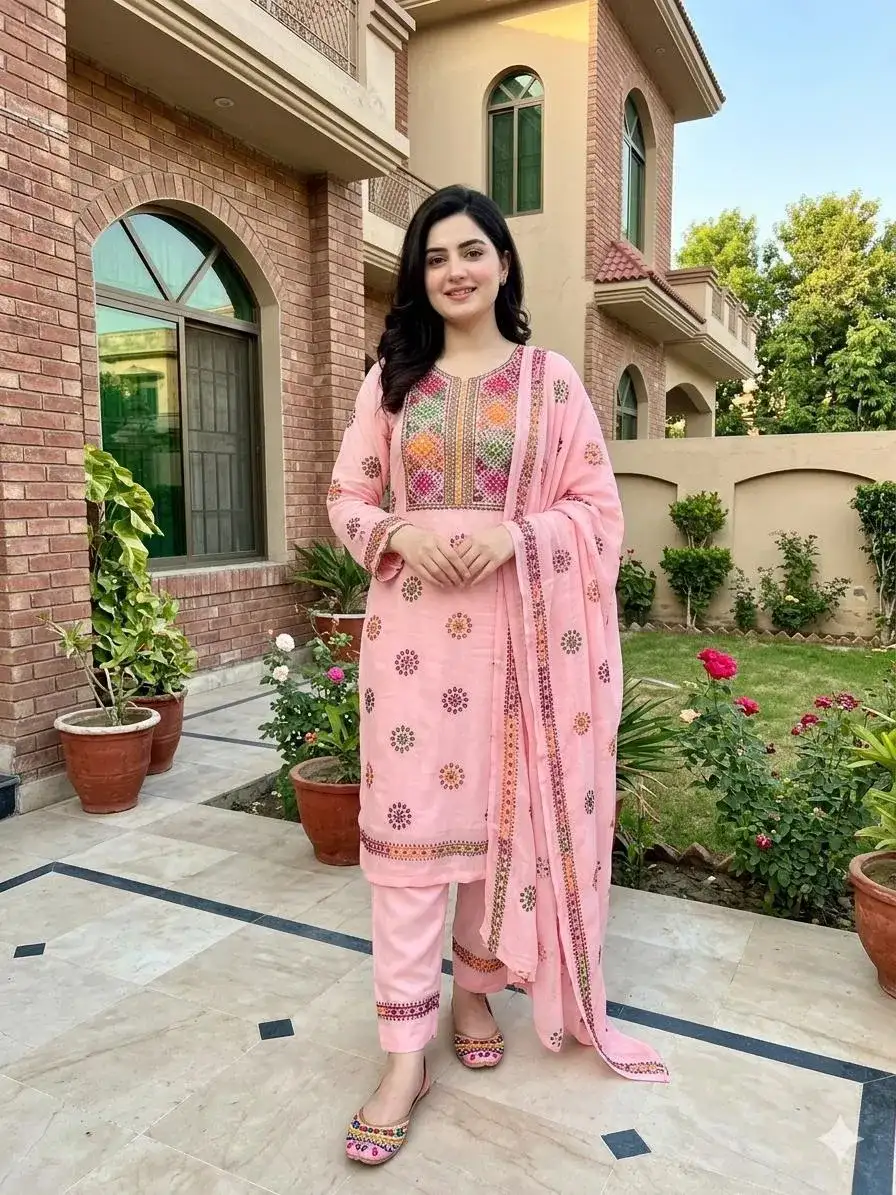 Pink Chiffon Hand Embroidered 2 Pcs Set VW939