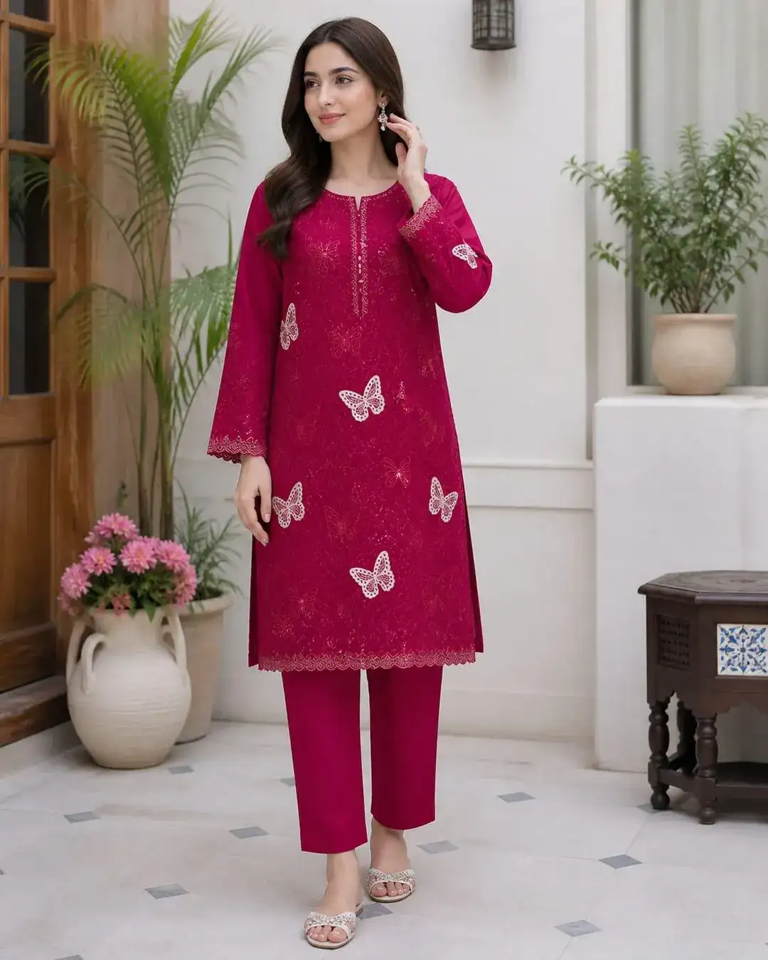 Pink Embroidered Lawn 2 Piece Kurta Set for Women