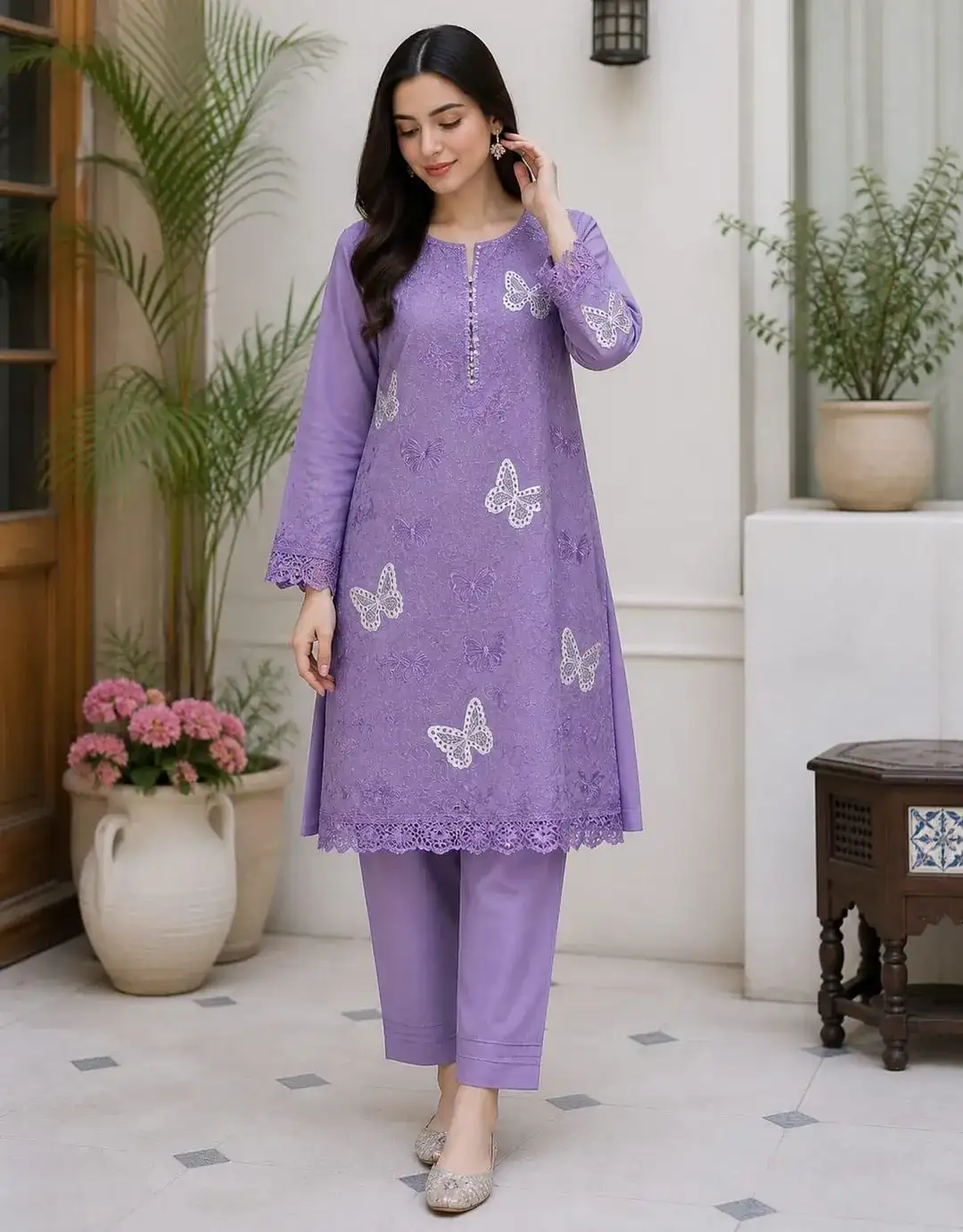 Purple Embroidered Lawn 2 Piece Kurta Set for Women