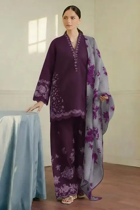 Purple Embroidered Lawn 3 Pcs Set with Digital Print Dupatta