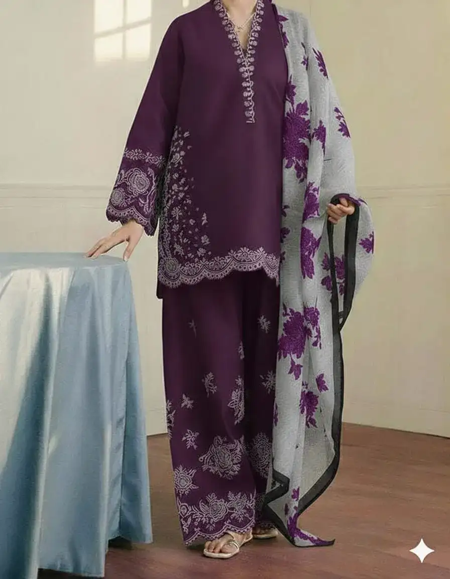 Purple Embroidered Lawn 3 Pcs Set with Digital Print Dupatta