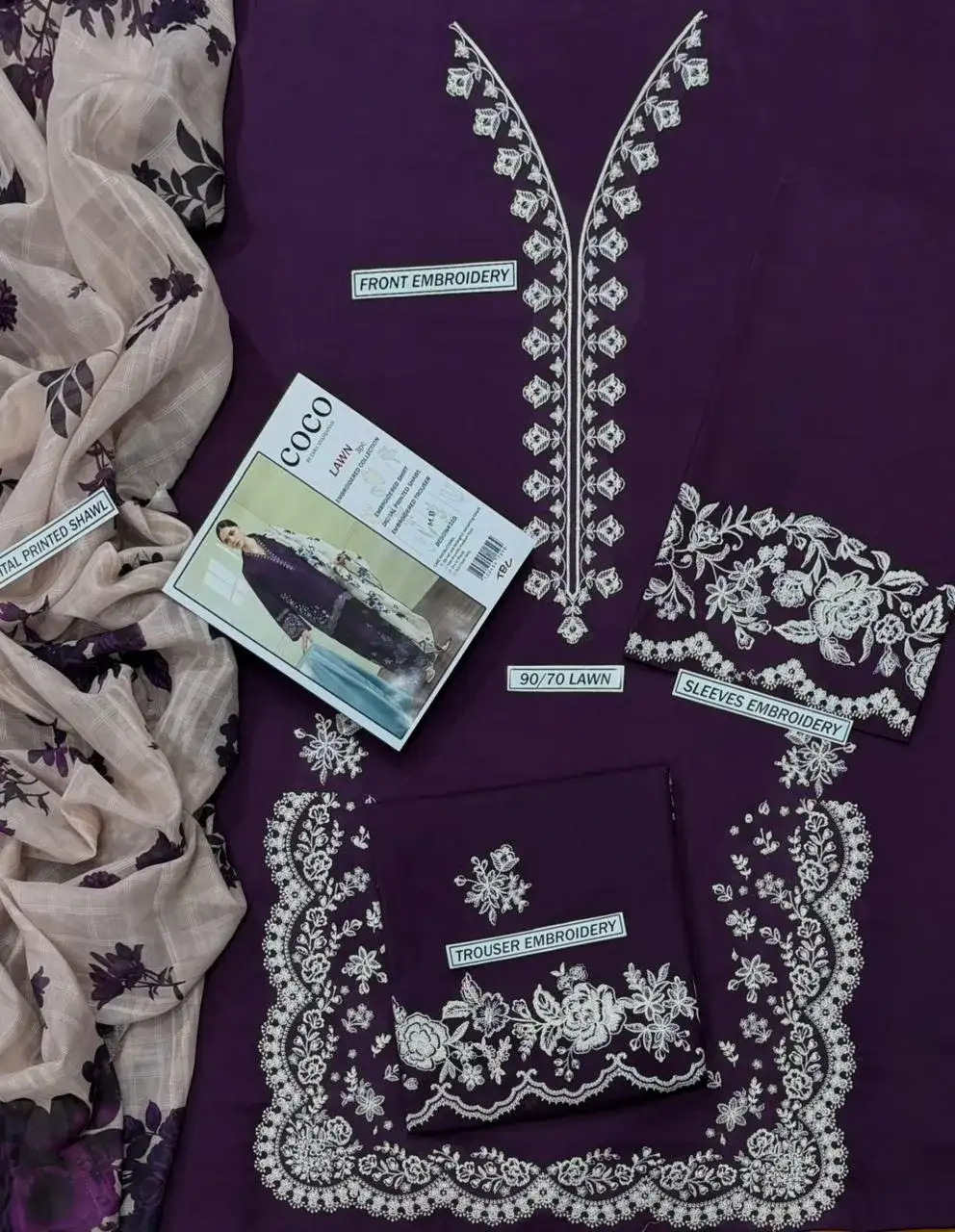 Purple Embroidered Lawn 3 Pcs Set with Digital Print Dupatta