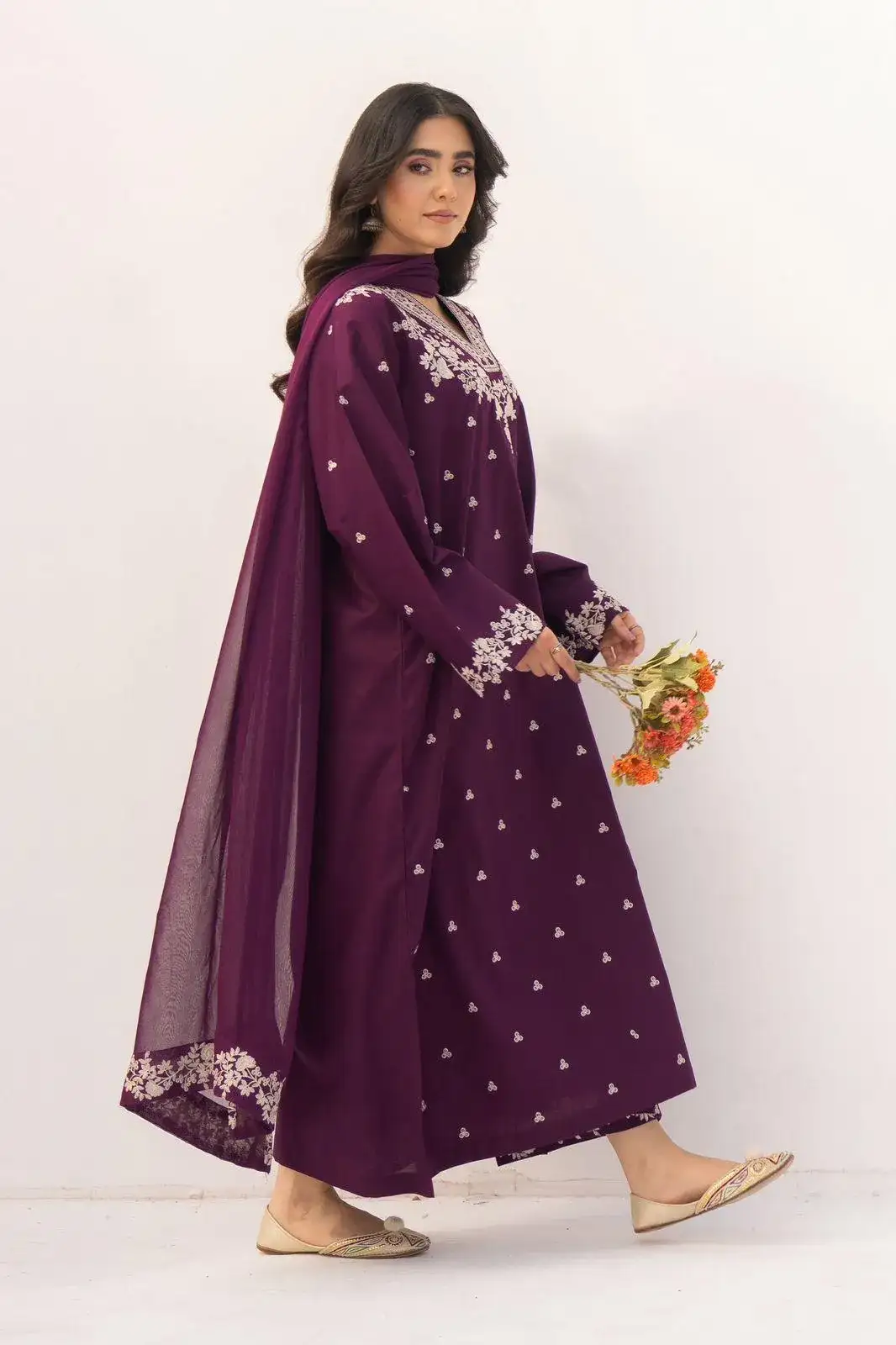 Purple Embroidered Lawn 3 Pcs Women Suit Set