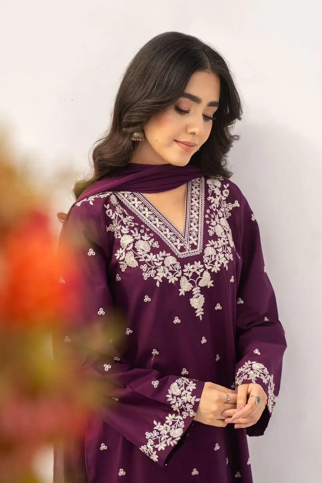 Purple Embroidered Lawn 3 Pcs Women Suit Set