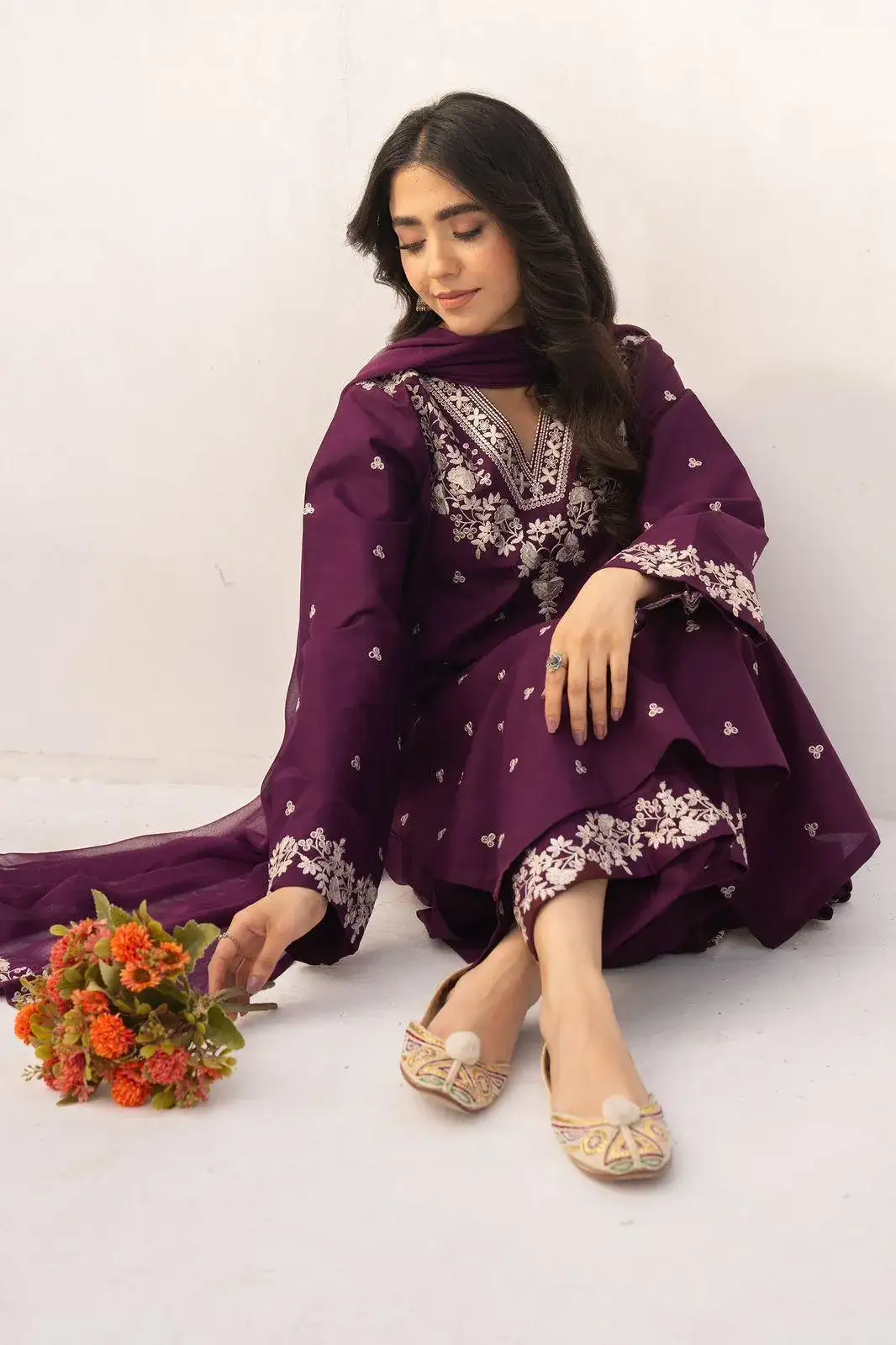 Purple Embroidered Lawn 3 Pcs Women Suit Set