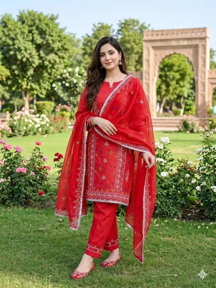 Red Chikankari Lawn 3 Pcs Set for Women