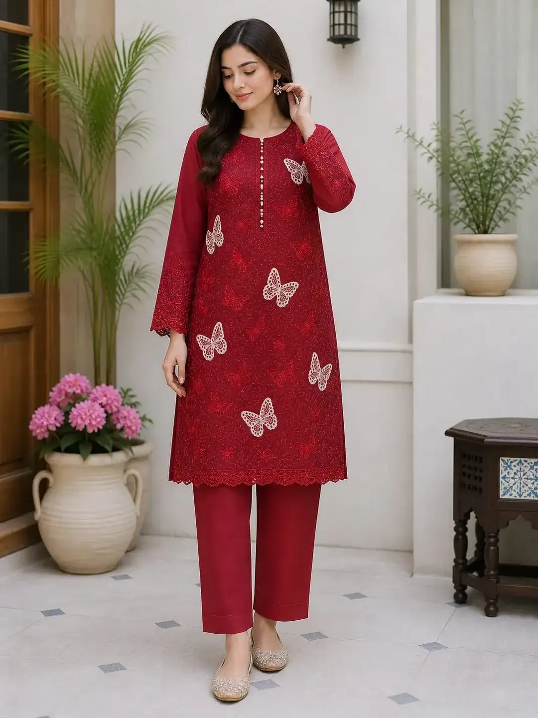 Red Embroidered Lawn 2 Piece Kurta Set for Women