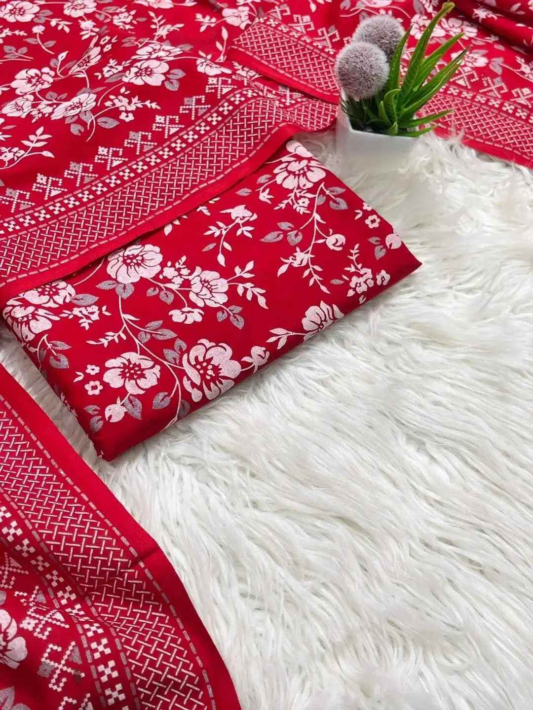 Red Floral Printed Lawn 2 Pcs Suit for Women