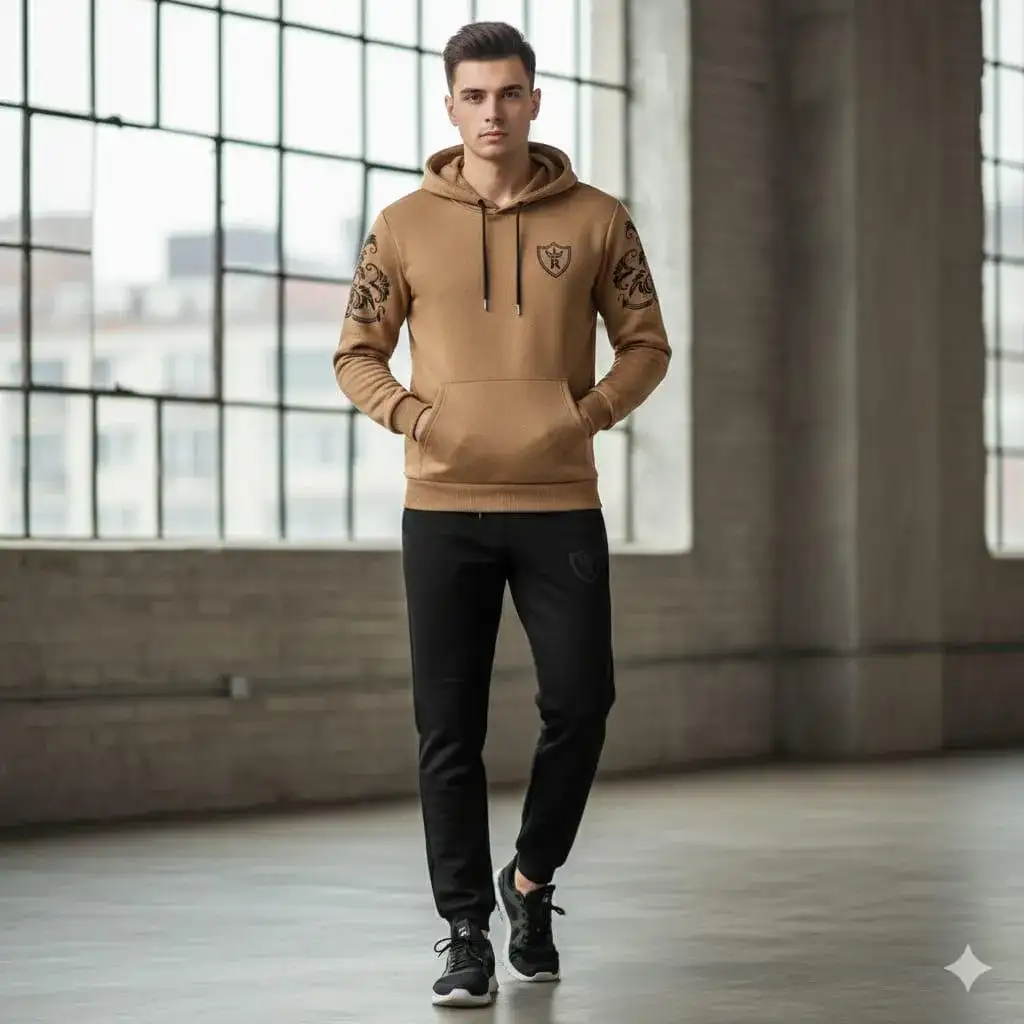 Royal Crest Brown & Black Printed Hoodie Track Suit