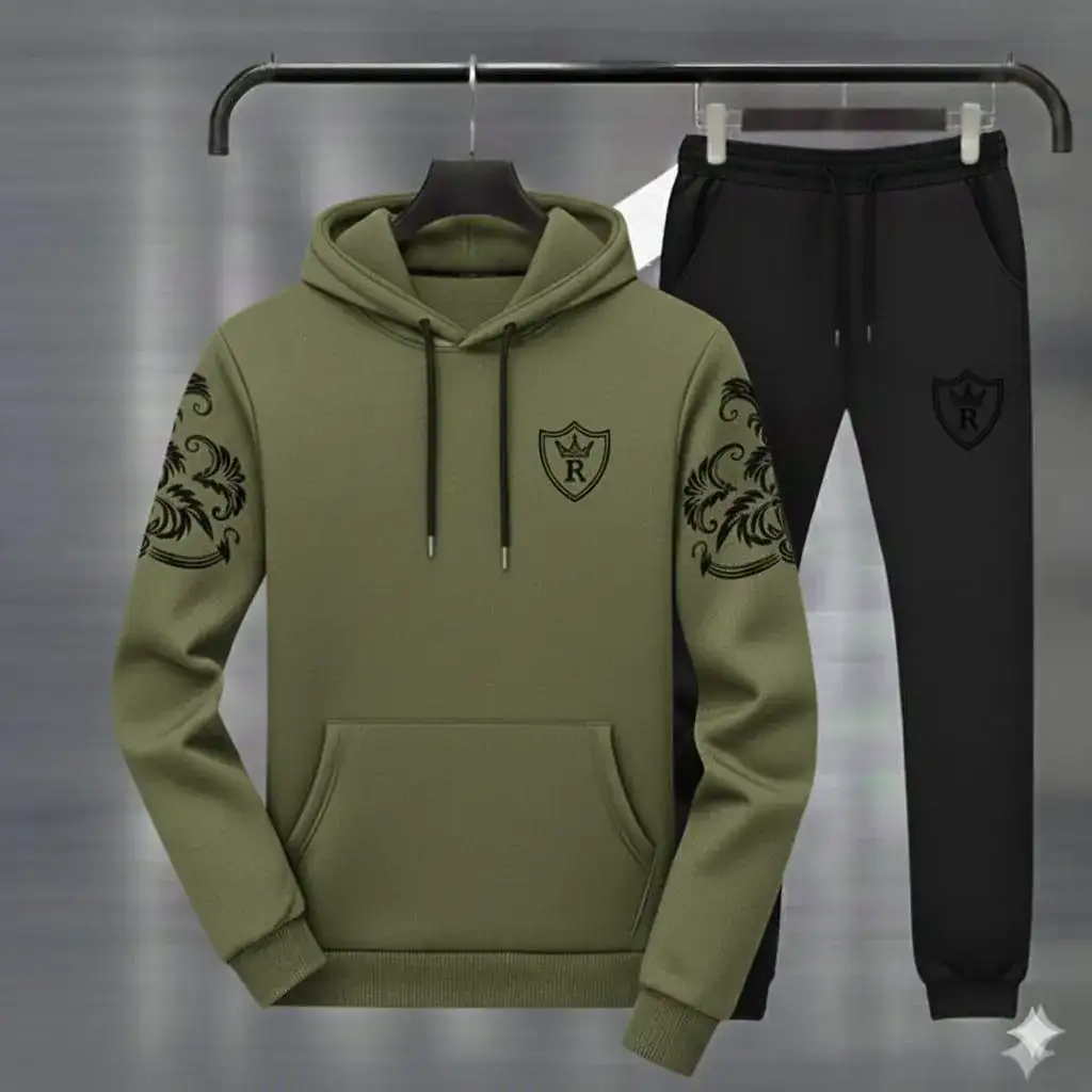 Royal Crest Green & Black Printed Hoodie Track Suit