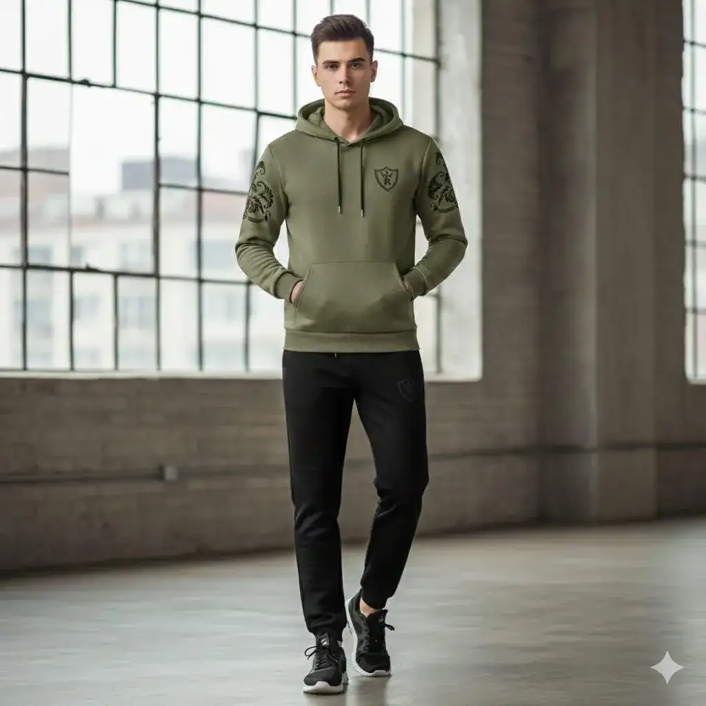 Royal Crest Green & Black Printed Hoodie Track Suit