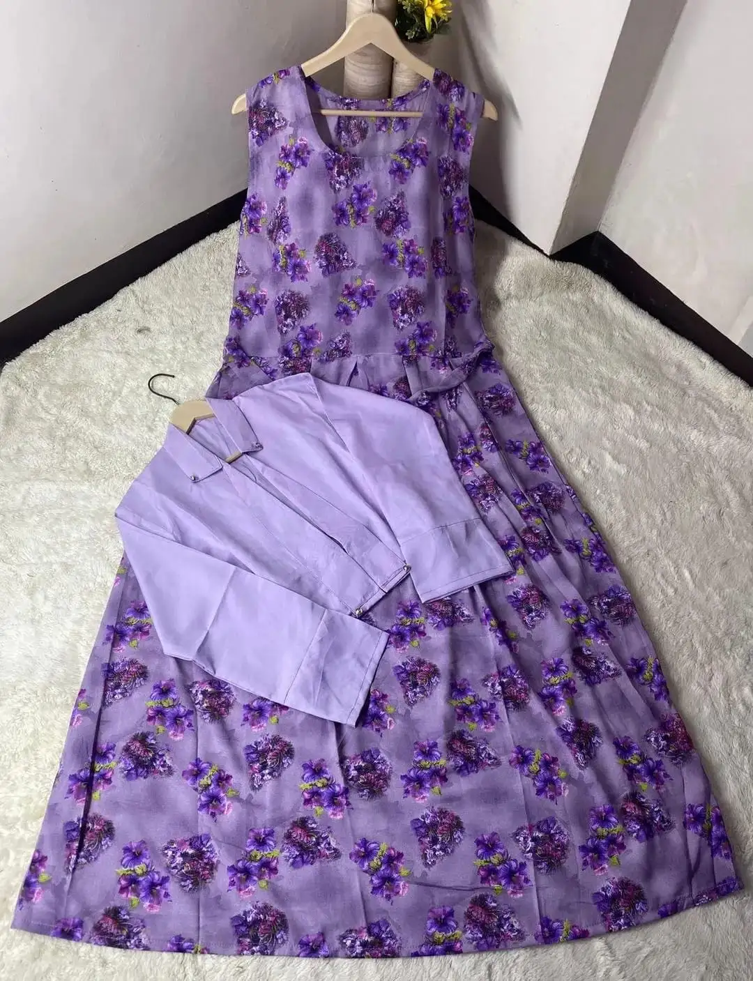 women stitched suits - Stunning 2 Pcs Stitched Printed Maxi And Jacket Set in Swiss Lawn VW42