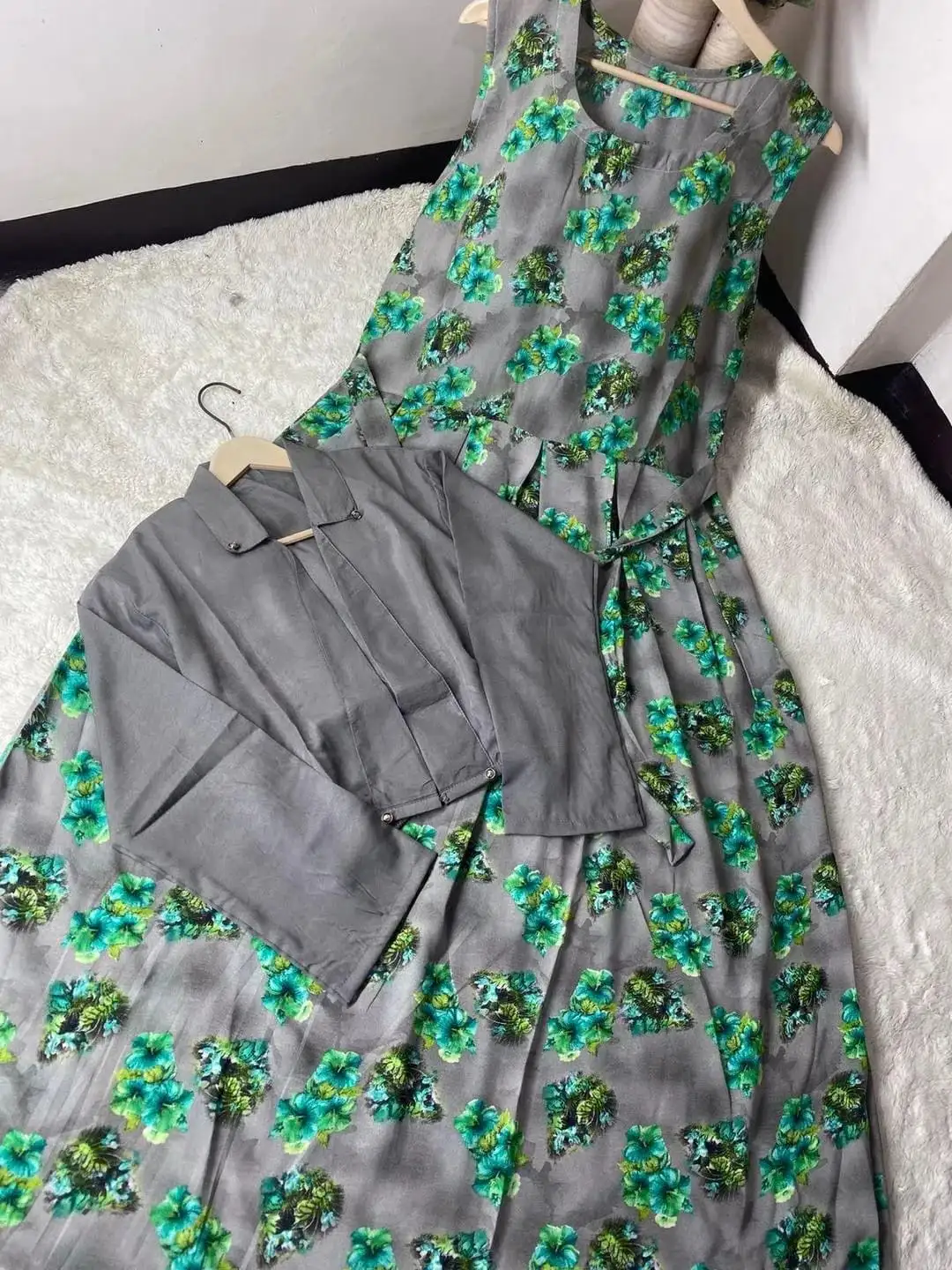 women stitched suits - Stunning 2 Pcs Stitched Printed Maxi And Jacket Set in Swiss Lawn VW43